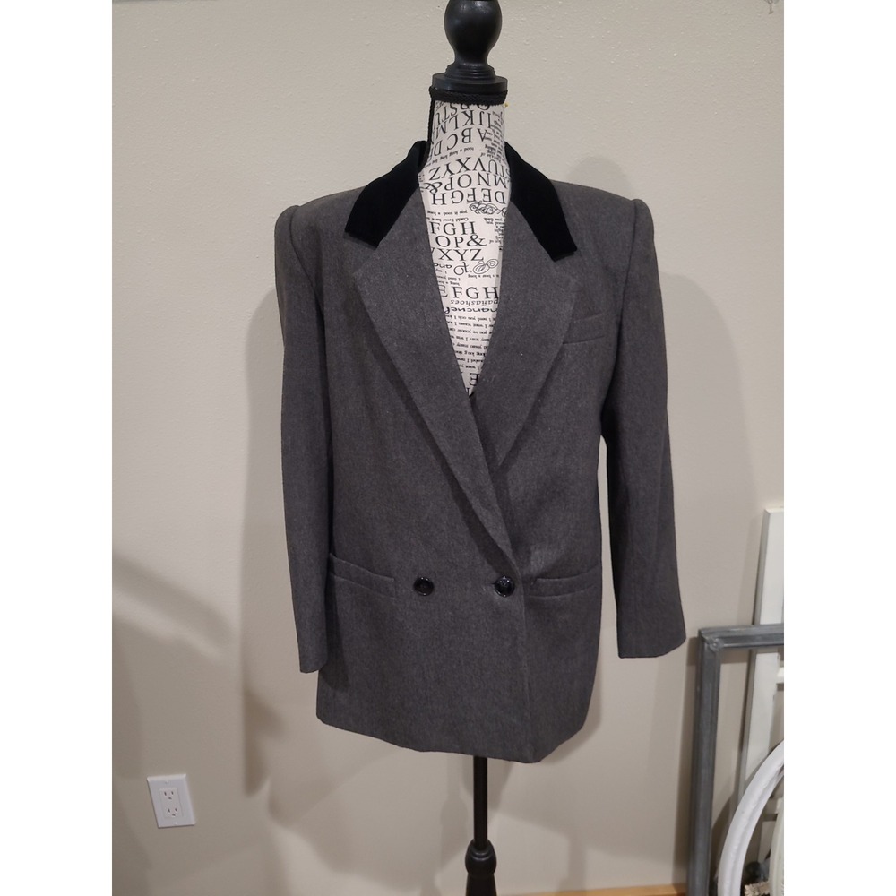 VTG. Sasson Grey Wool blend Blazer velvet collar Lady SZ 10 academia office work